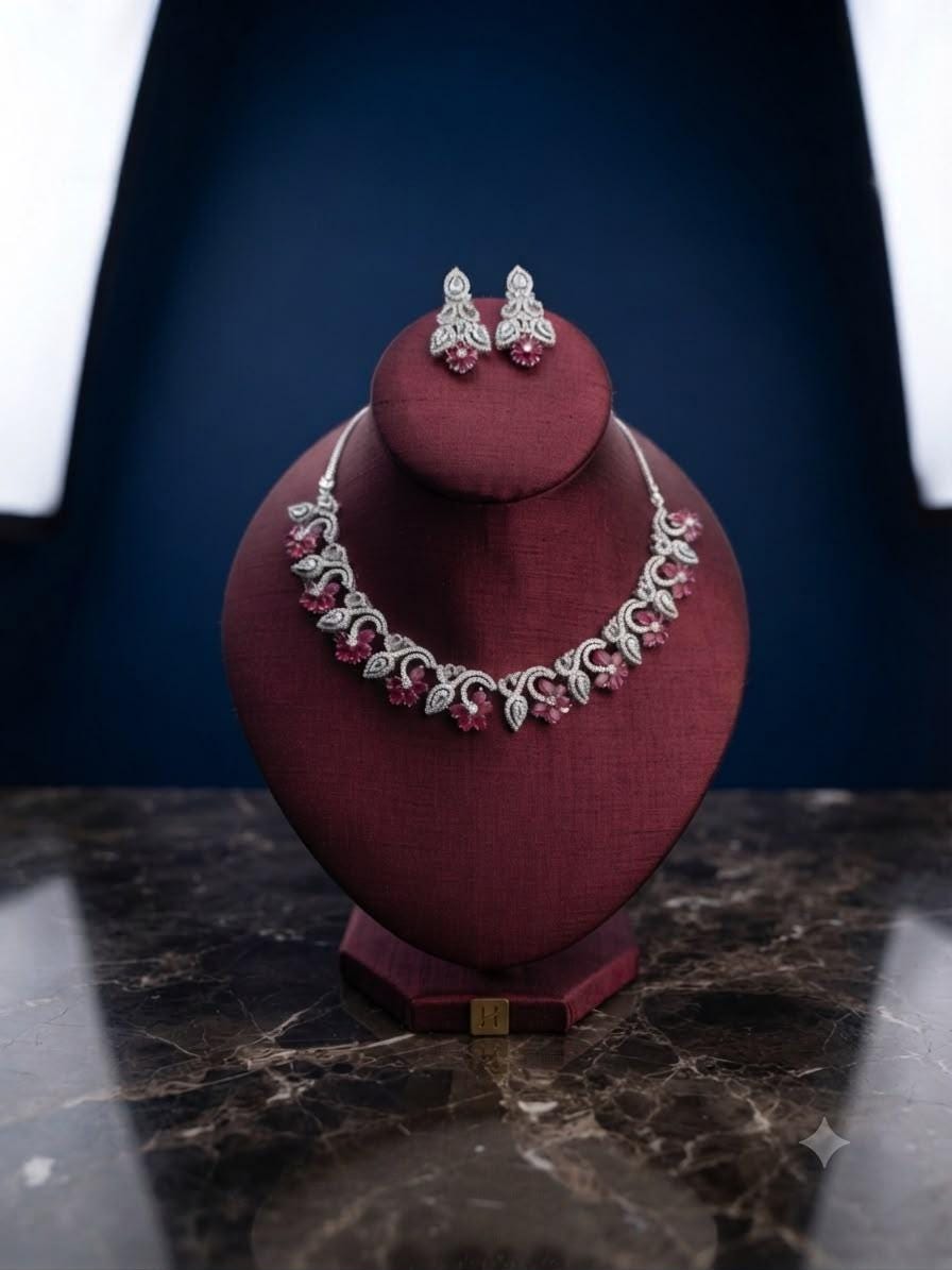 Elegant Silver Tone Ruby Red Floral Necklace Set with Matching Earrings for Special Occasions
