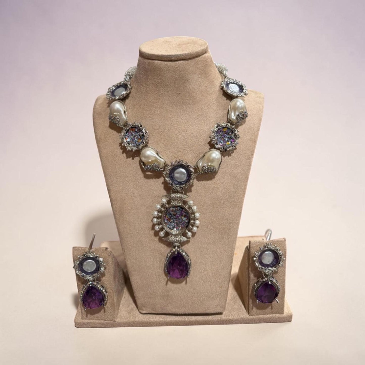 Fusion statement Necklace and Earrings Set, lilac purple designer.