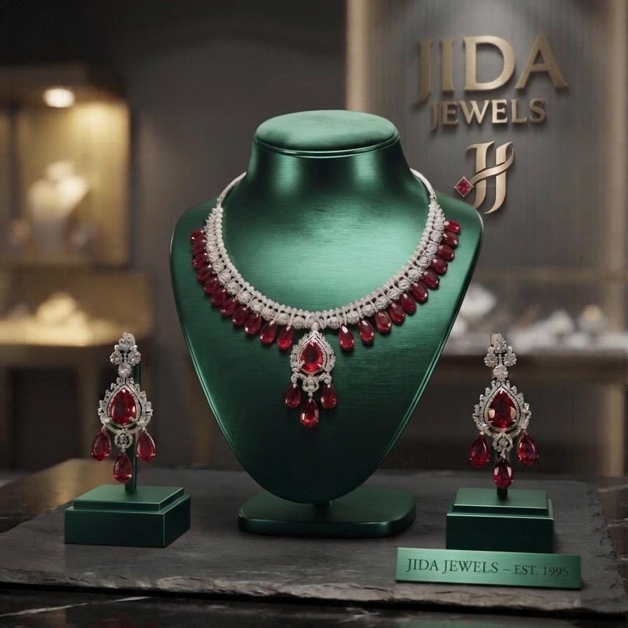 Elegant Highend designer Silver Tone Jewelry Set with Ruby Red Stones for Receptions and Occasions Statement piece