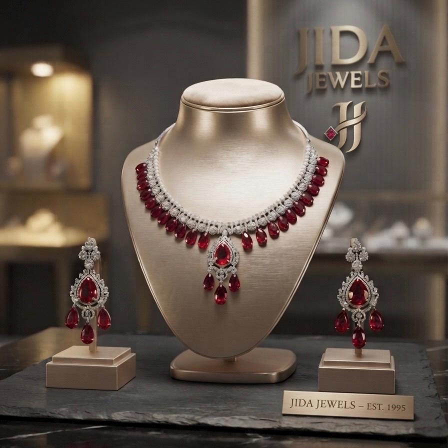 Elegant Highend designer Silver Tone Jewelry Set with Ruby Red Stones for Receptions and Occasions Statement piece