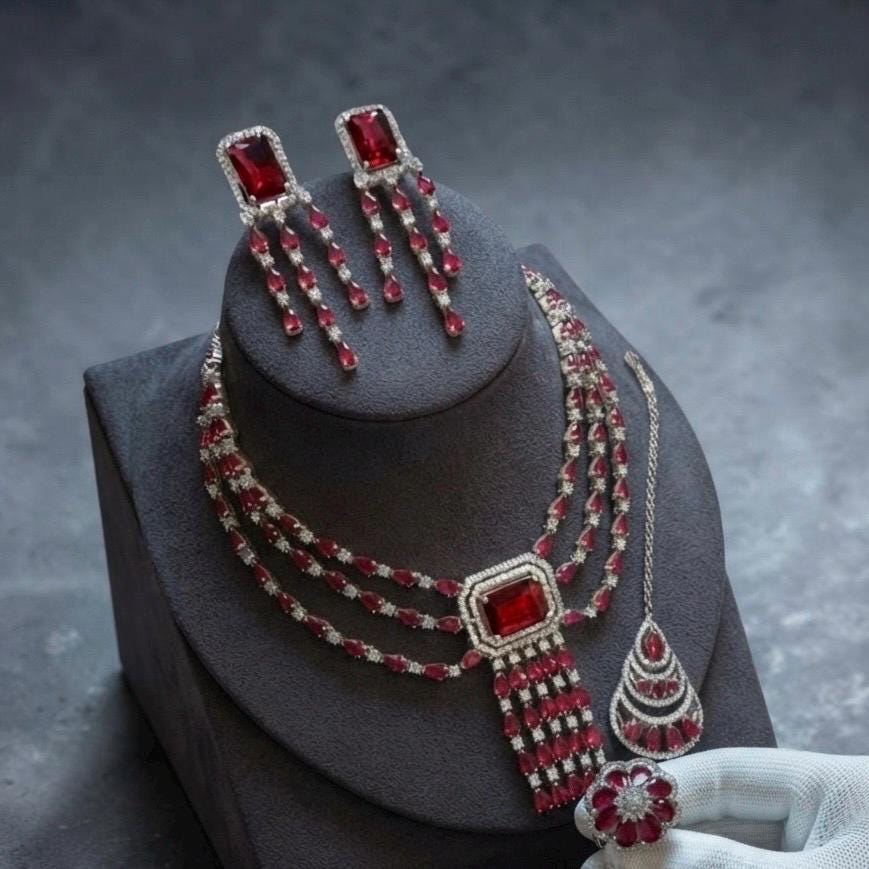 Luxury Silver Tone Ruby Red Bridal Jewelry Set with Matching Earrings and Ring