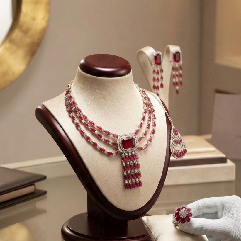 Luxury Silver Tone Ruby Red Bridal Jewelry Set with Matching Earrings and Ring