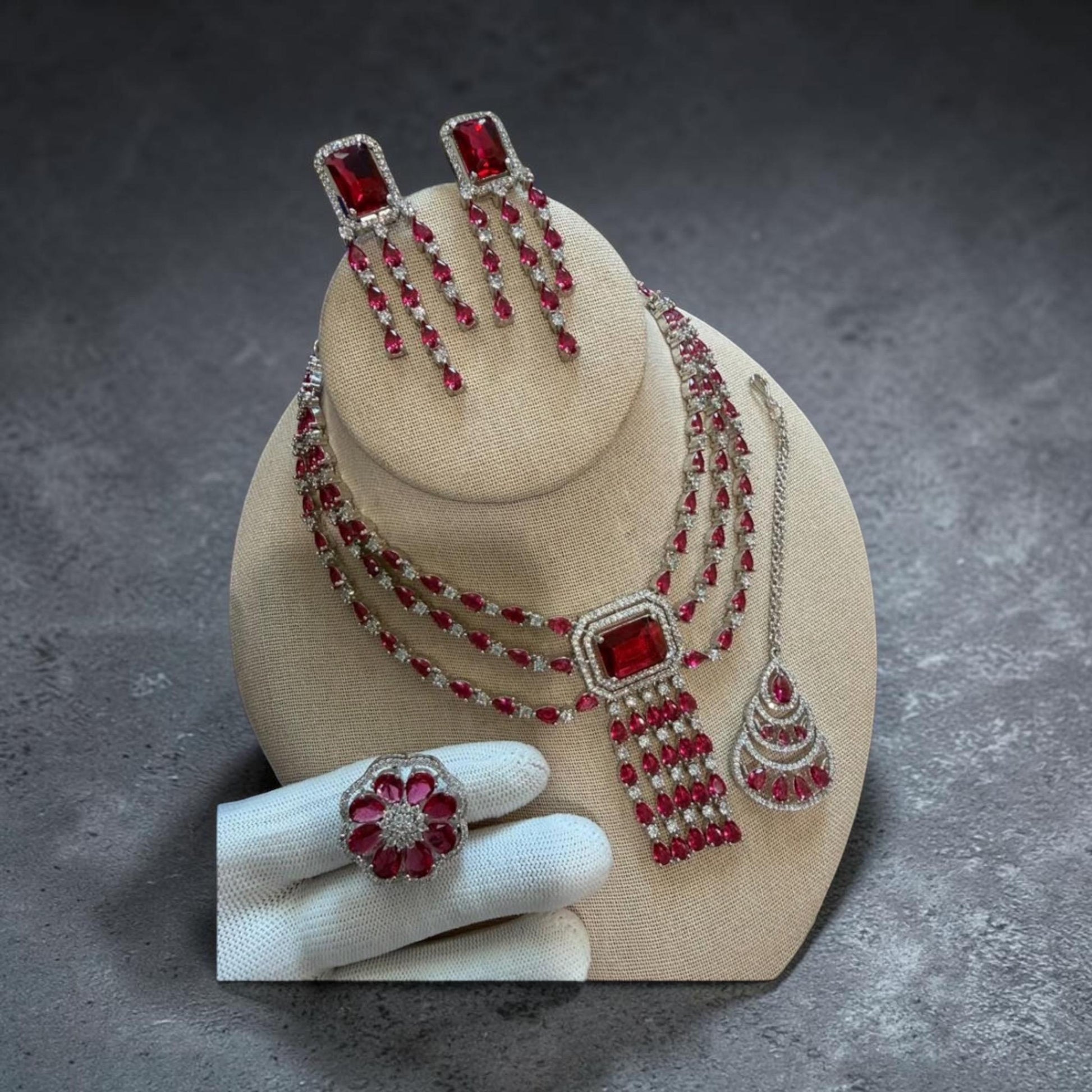Luxury Silver Tone Ruby Red Bridal Jewelry Set with Matching Earrings and Ring