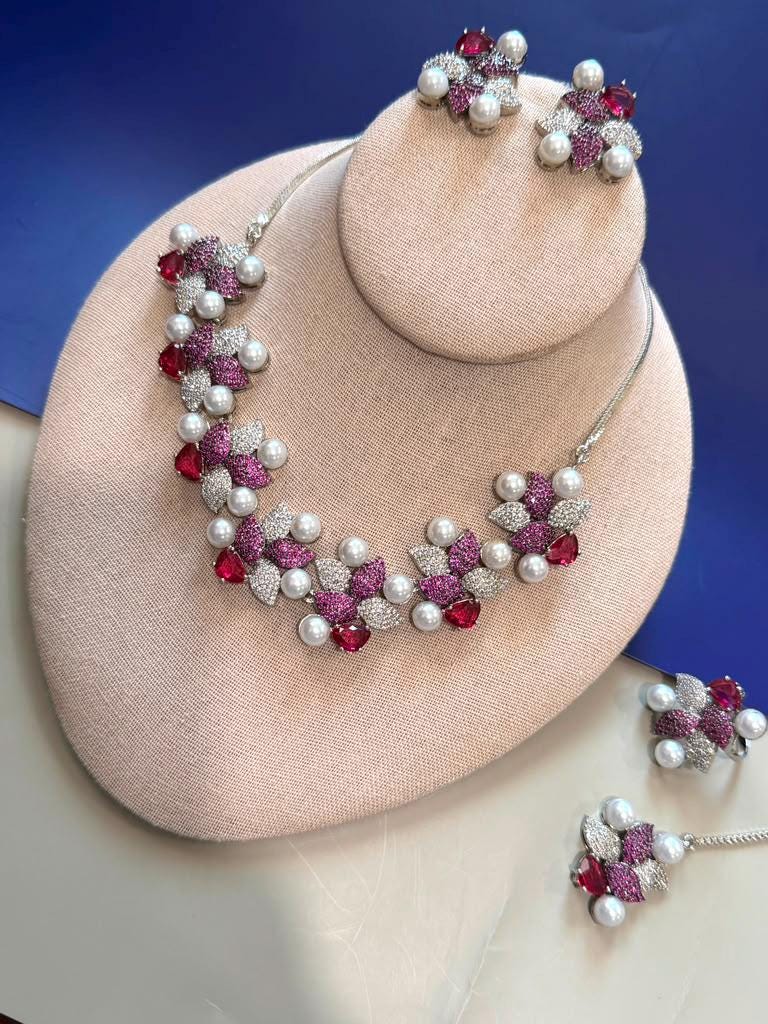 Ruby Red Pearl designer Highend Necklace Set with Matching Earrings ,Ring,tikka for Women