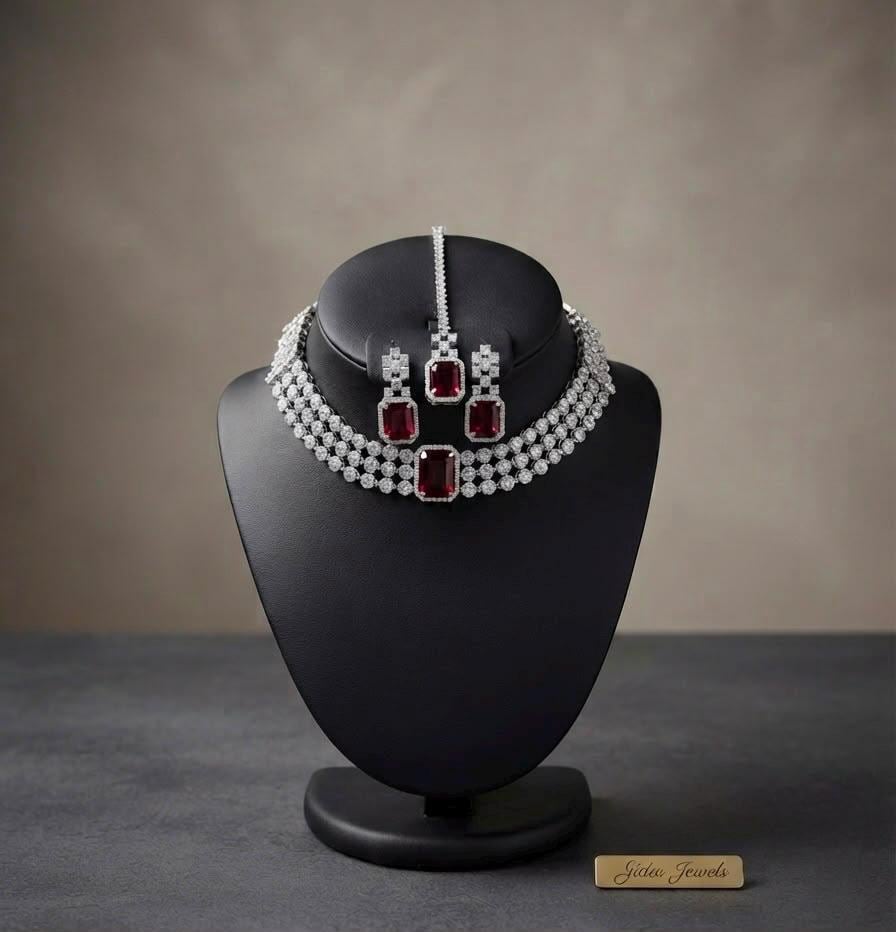 Statement Cubic Zarconia Necklace Set with Ruby Red Stones for Weddings and Parties