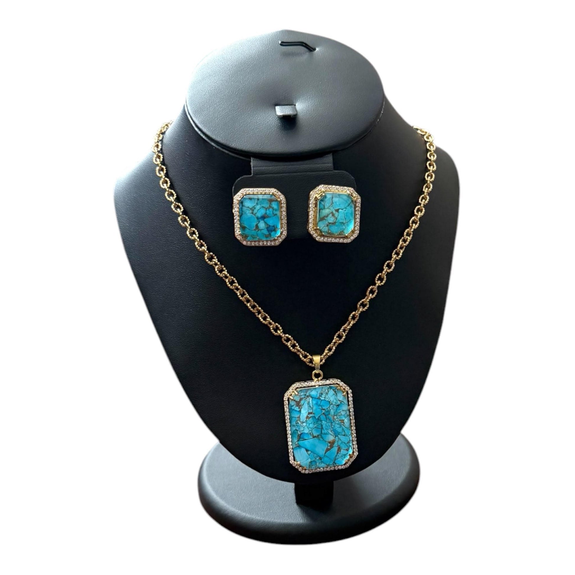 Contemporary marble Turquoise doublet Pendant Set with Matching studs