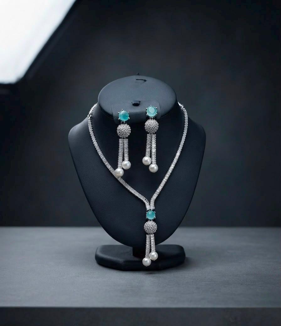 Designer Emerald Necklace Set with Pearl Tassel Earrings