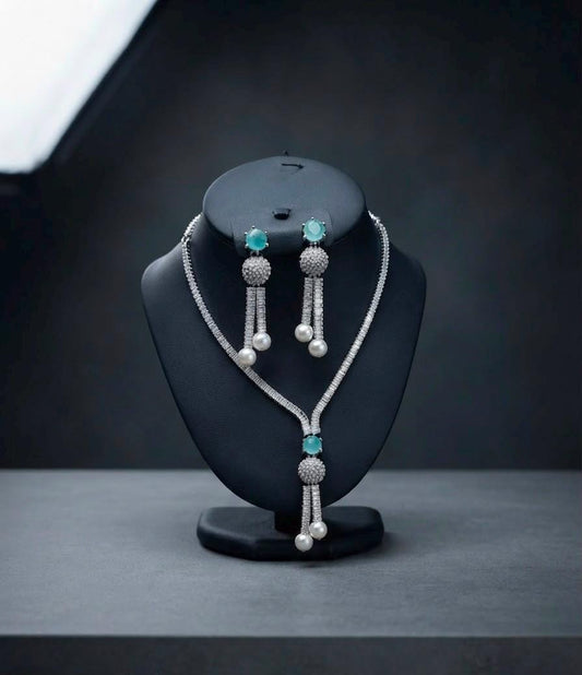 Designer Emerald Necklace Set with Pearl Tassel Earrings