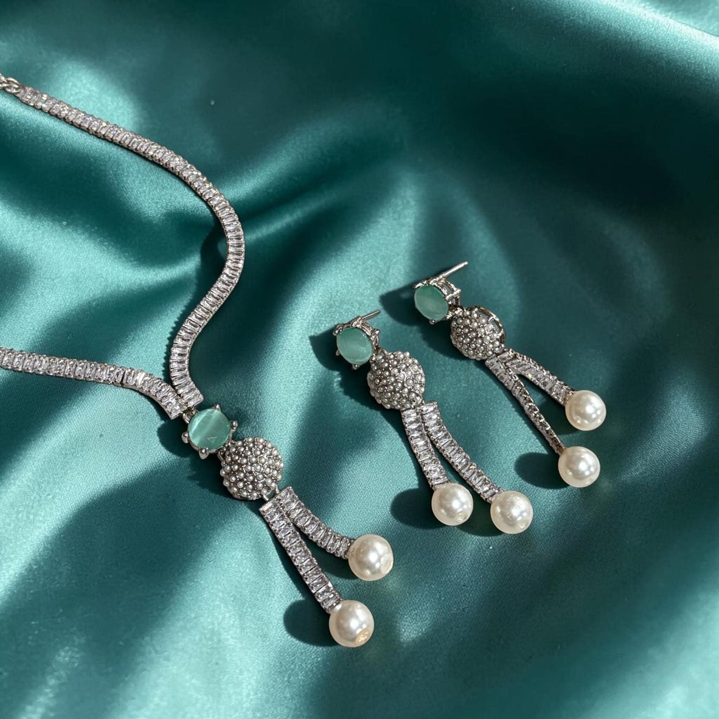 Designer Emerald Necklace Set with Pearl Tassel Earrings