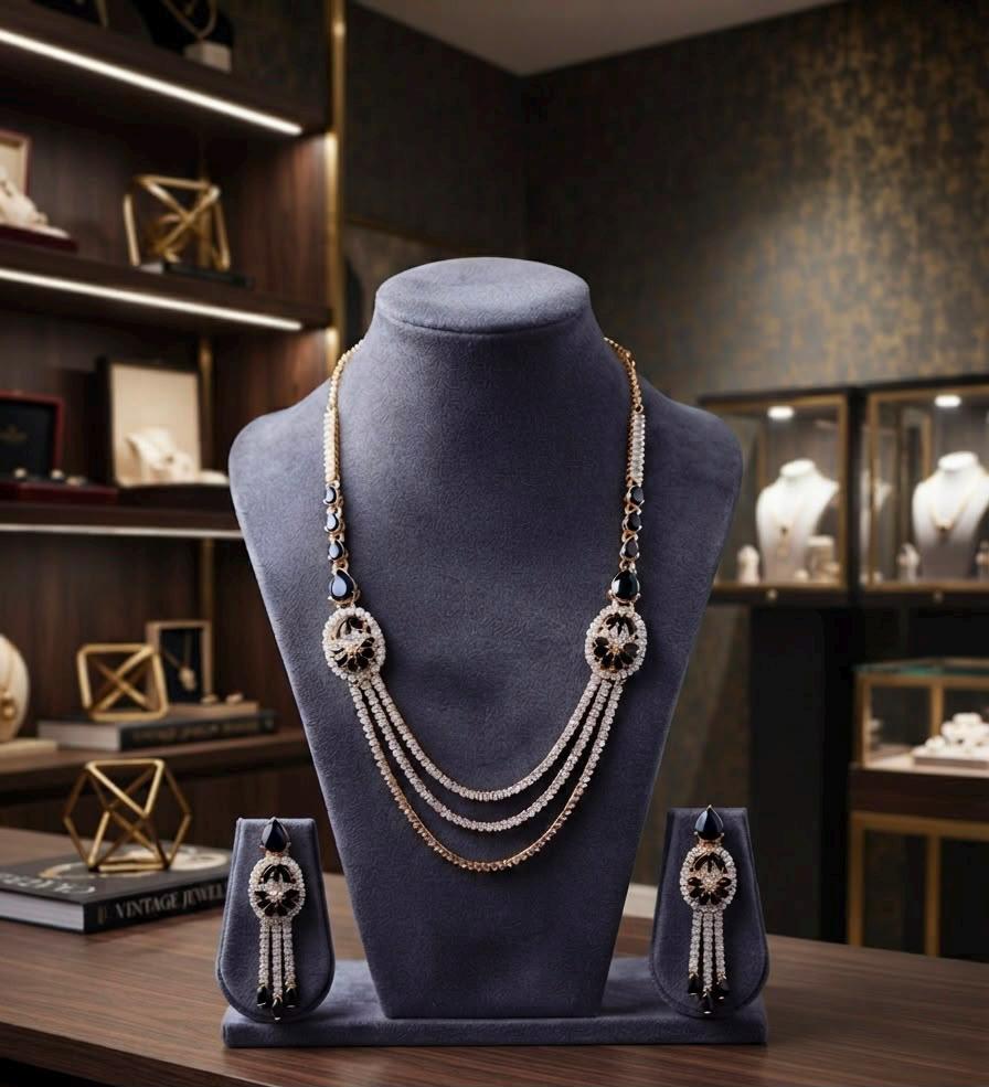 Luxury Layered Necklace Set with Matching Dangle Earrings for Women Black finish
