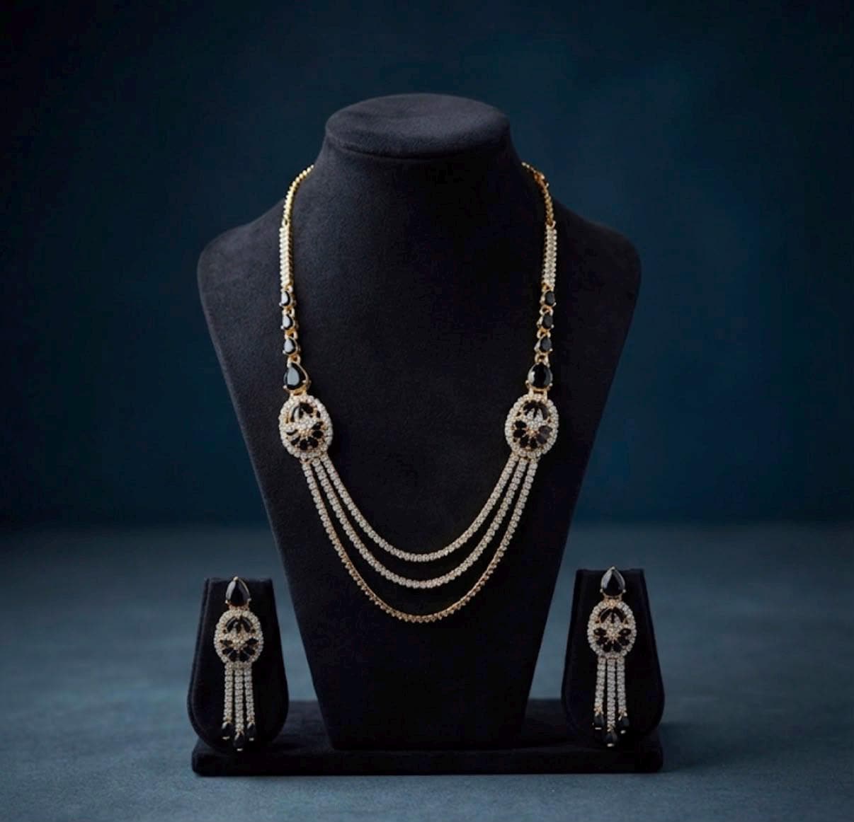 Luxury Layered Necklace Set with Matching Dangle Earrings for Women Black finish