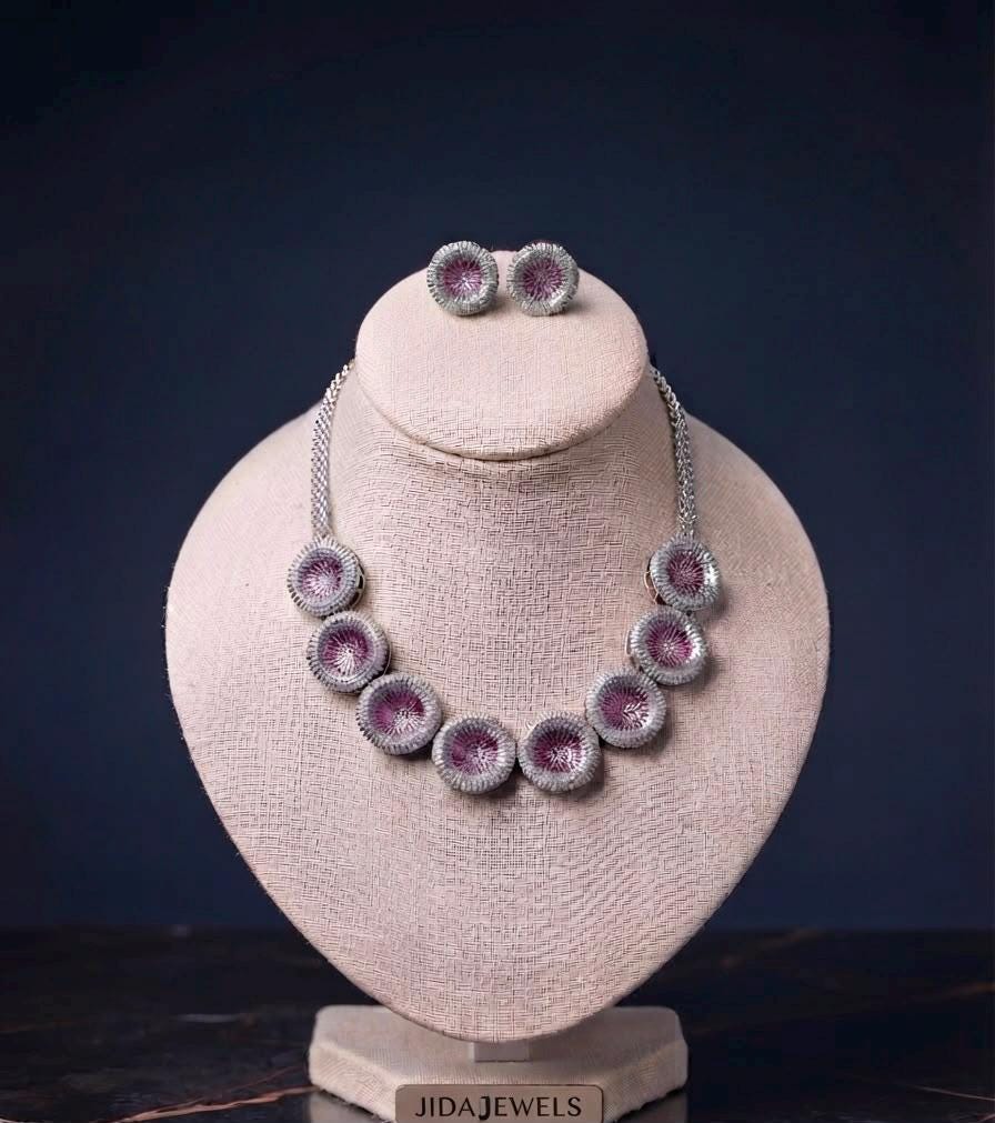 Pink Floral Necklace Set with Matching Stud Earrings for Women