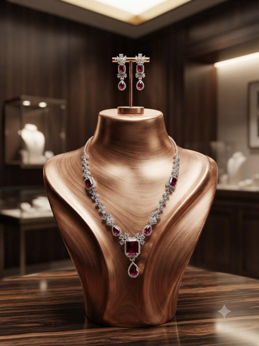 Elegant Ruby Red Wedding Jewelry Set with Silver Tone Necklace and Earrings