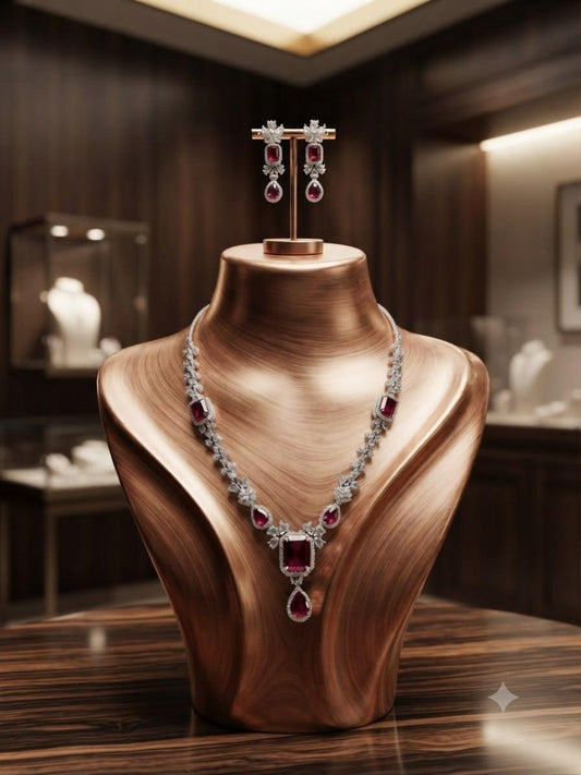 Elegant Ruby Red Wedding Jewelry Set with Silver Tone Necklace and Earrings
