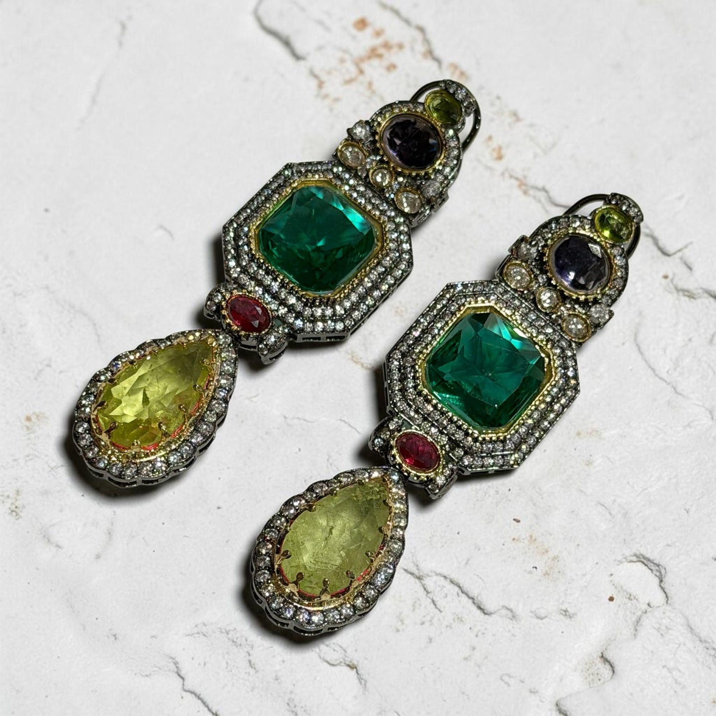 Multicolor Statement Earrings, Green Gemstone Drop Earrings, Gold Plated Dangle