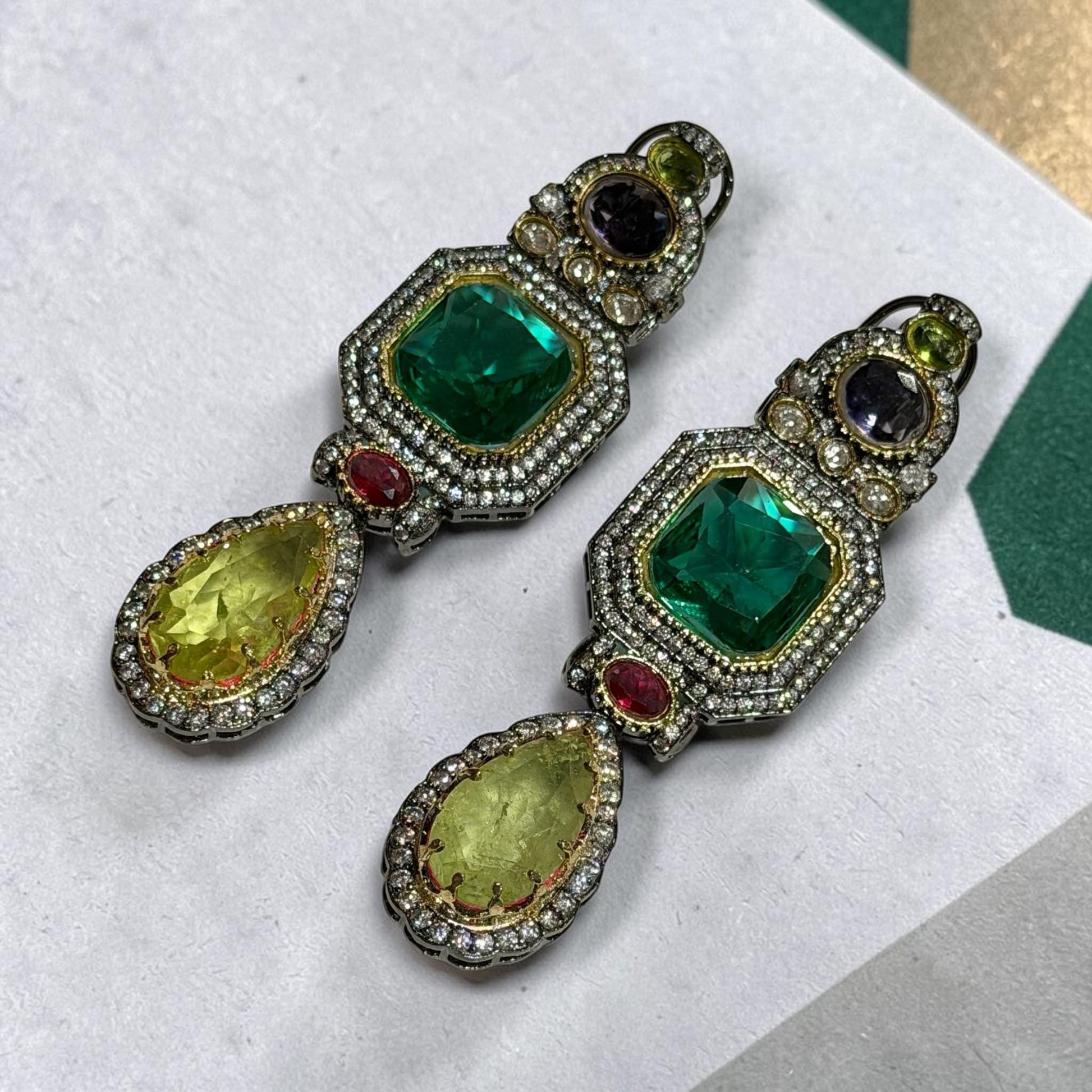 Multicolor Statement Earrings, Green Gemstone Drop Earrings, Gold Plated Dangle