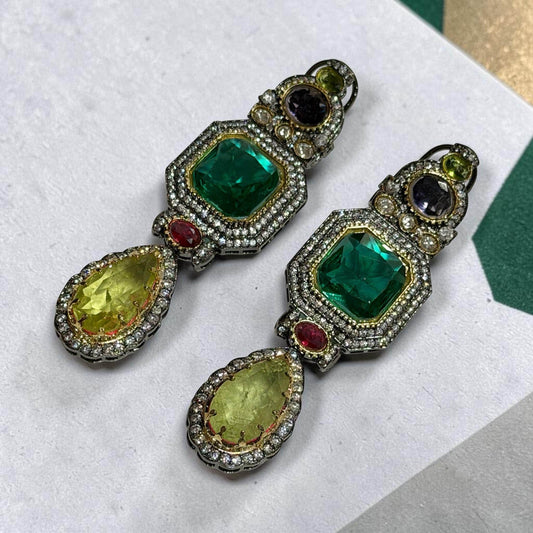 Multicolor Statement Earrings, Green Gemstone Drop Earrings, Gold Plated Dangle