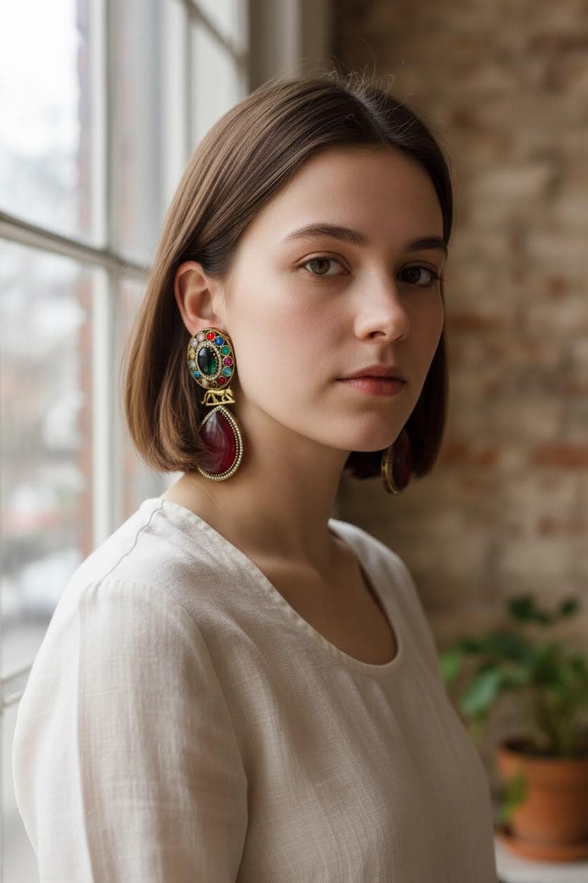 Red Statement Drop Earrings, Gold Plated Lion Motif Earrings, Multicolor Gemstone