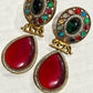Red Statement Drop Earrings, Gold Plated Lion Motif Earrings, Multicolor Gemstone