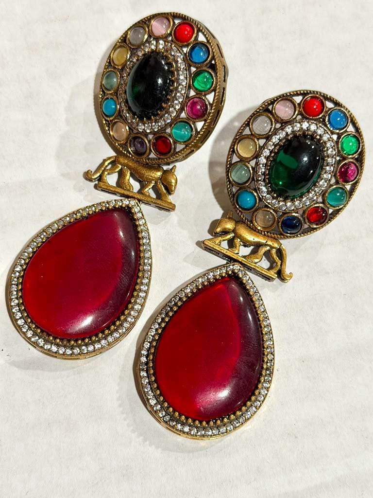 Red Statement Drop Earrings, Gold Plated Lion Motif Earrings, Multicolor Gemstone
