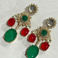 Gold Plated Floral Drop Earrings, Red Green Statement Earrings
