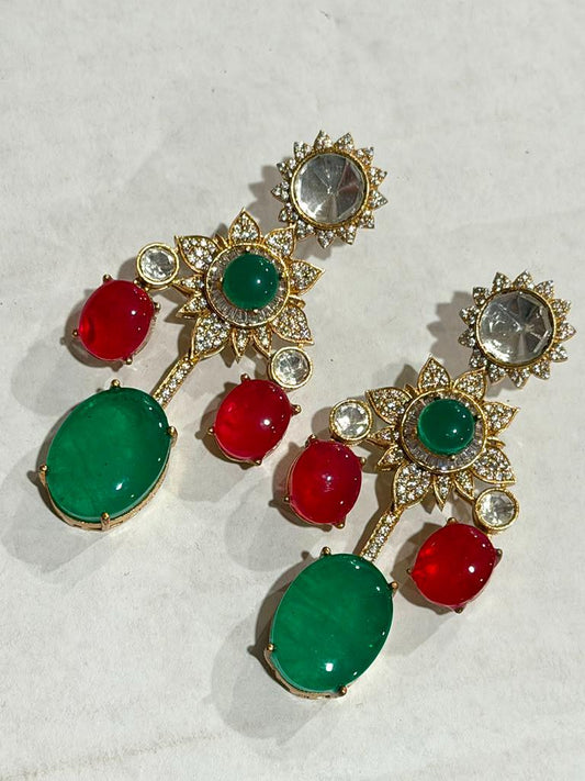 Gold Plated Floral Drop Earrings, Red Green Statement Earrings