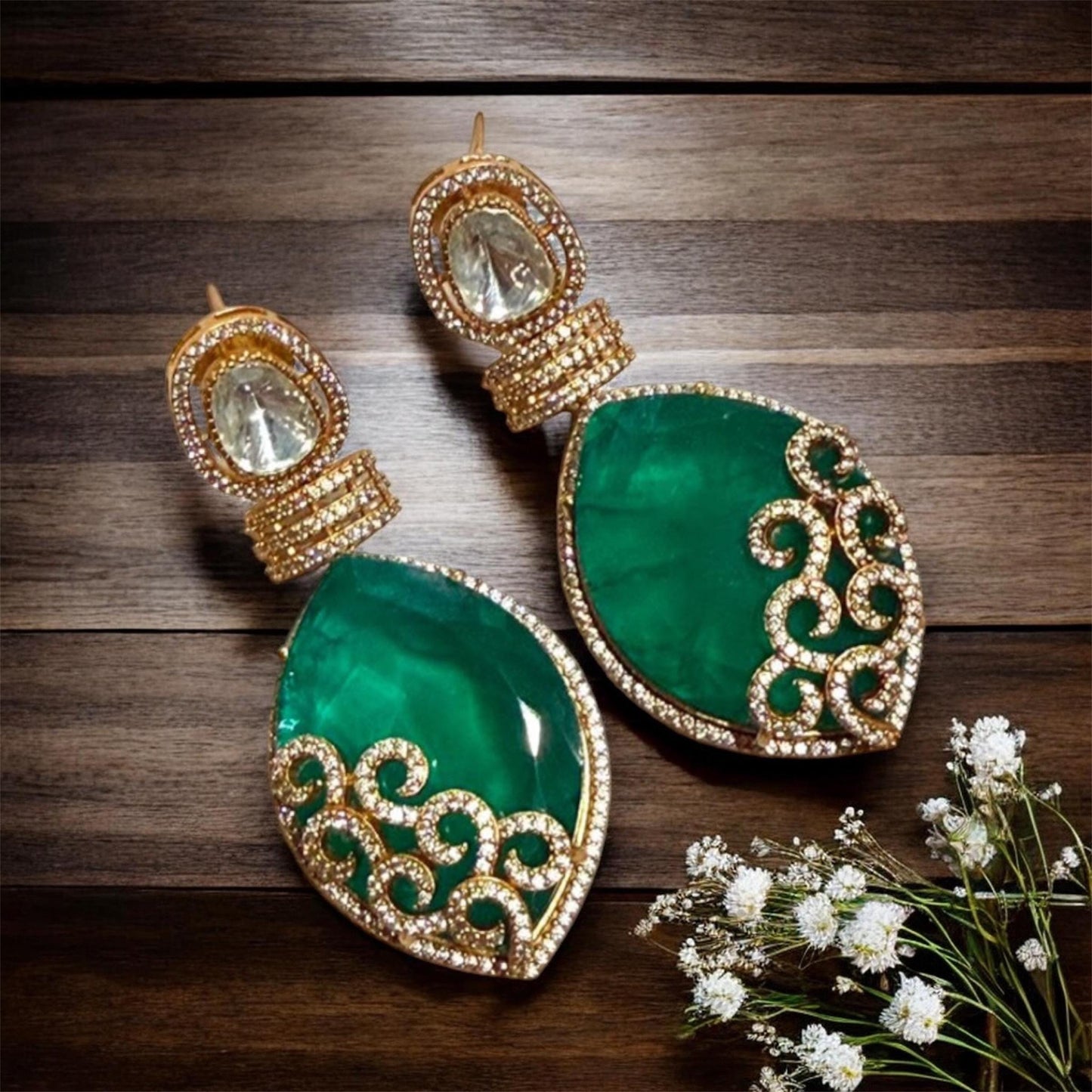 Sophisticated Emerald Drop Earrings with Premium Gold Plated Detail