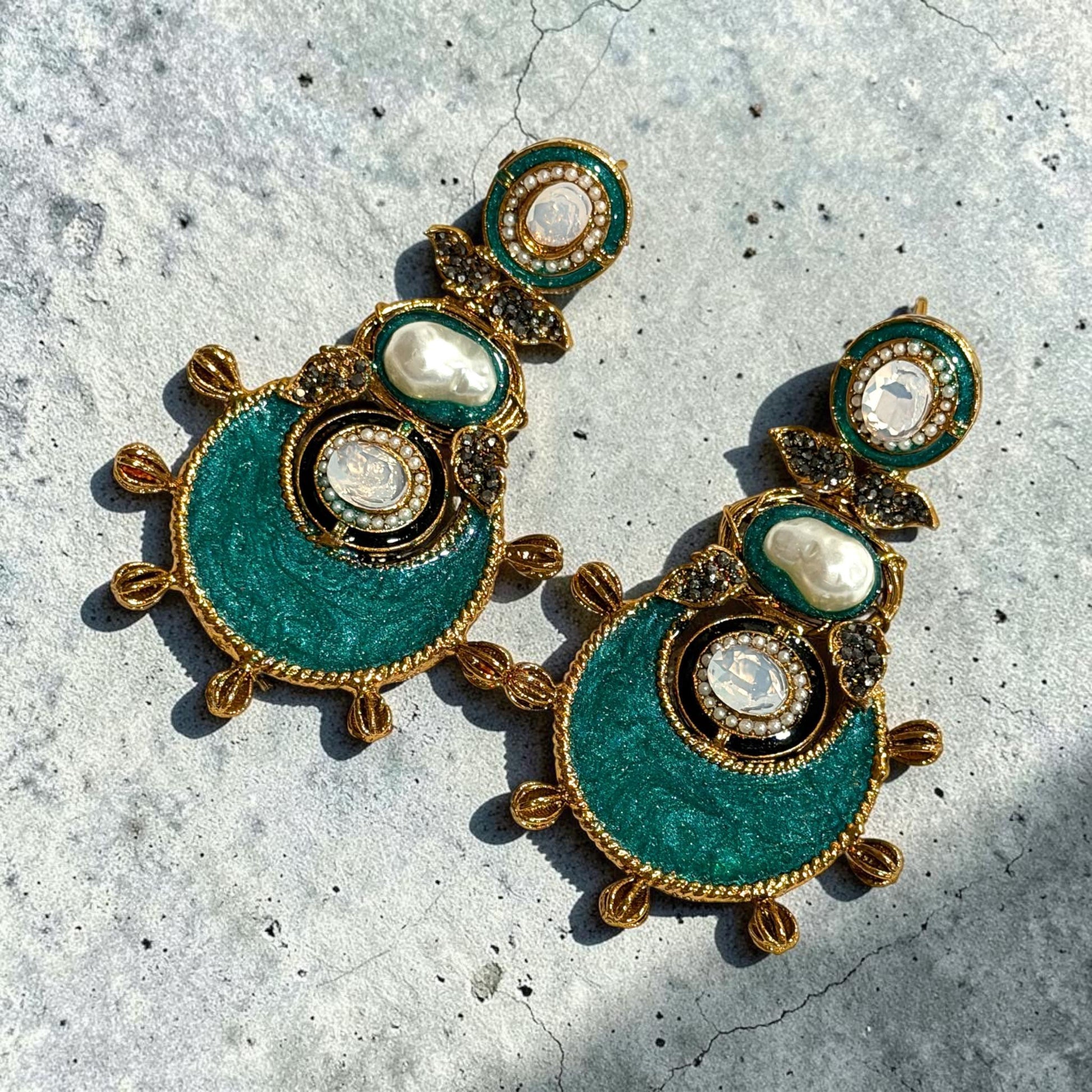 Teal Statement Earrings, Gold Plated Enamel Drop Earrings, Baroque Pearl