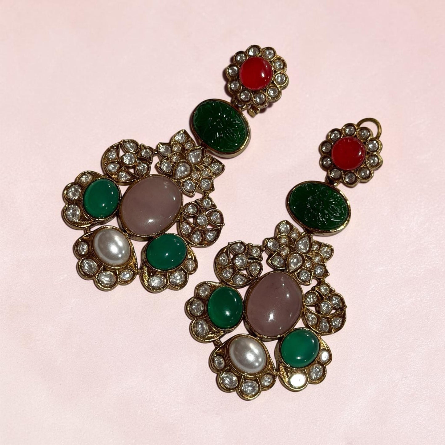 Multicolor Statement Earrings, Gold Plated Floral Drop Earrings, Pearl Design