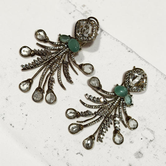 Art Deco Statement Earrings, Gold Plated CZ Drop Earrings, Mint Green Design
