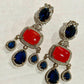 Red & Blue Statement Earrings, Gold Plated Chandelier Earrings, Designer Drop