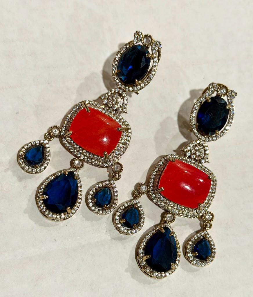 Red & Blue Statement Earrings, Gold Plated Chandelier Earrings, Designer Drop