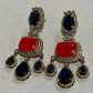 Red & Blue Statement Earrings, Gold Plated Chandelier Earrings, Designer Drop