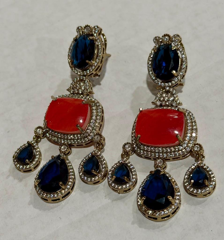 Red & Blue Statement Earrings, Gold Plated Chandelier Earrings, Designer Drop
