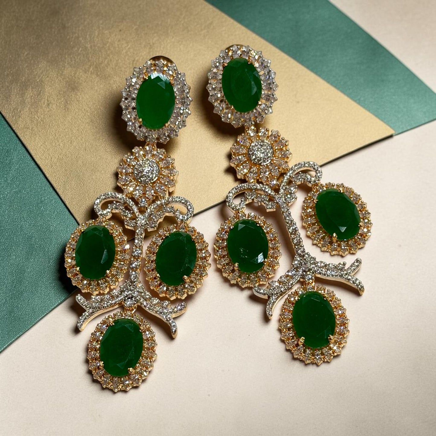 Emerald Green Chandelier Earrings, Gold Plated Statement Earrings