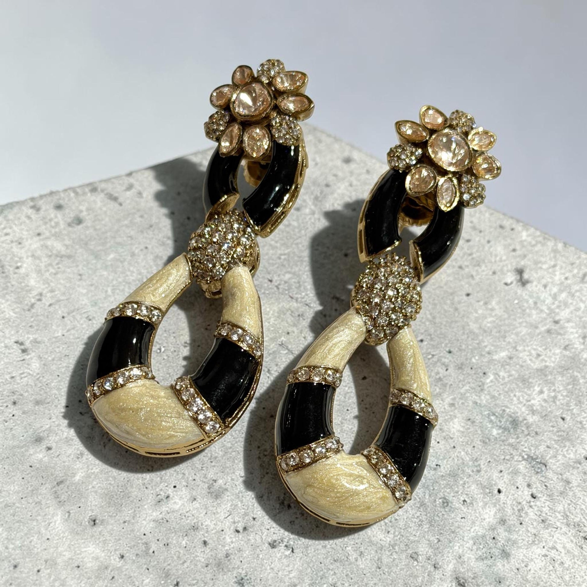 Black Enamel Statement Earrings, Gold Plated Hoop Drop Earrings