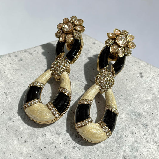 Black Enamel Statement Earrings, Gold Plated Hoop Drop Earrings