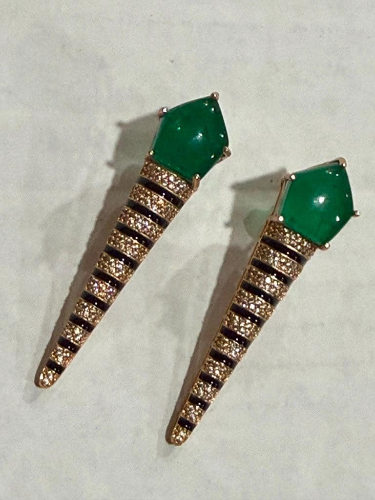 Green Stone Spike Drop Earrings, Gold Plated Statement Earrings, Geometric Dangle