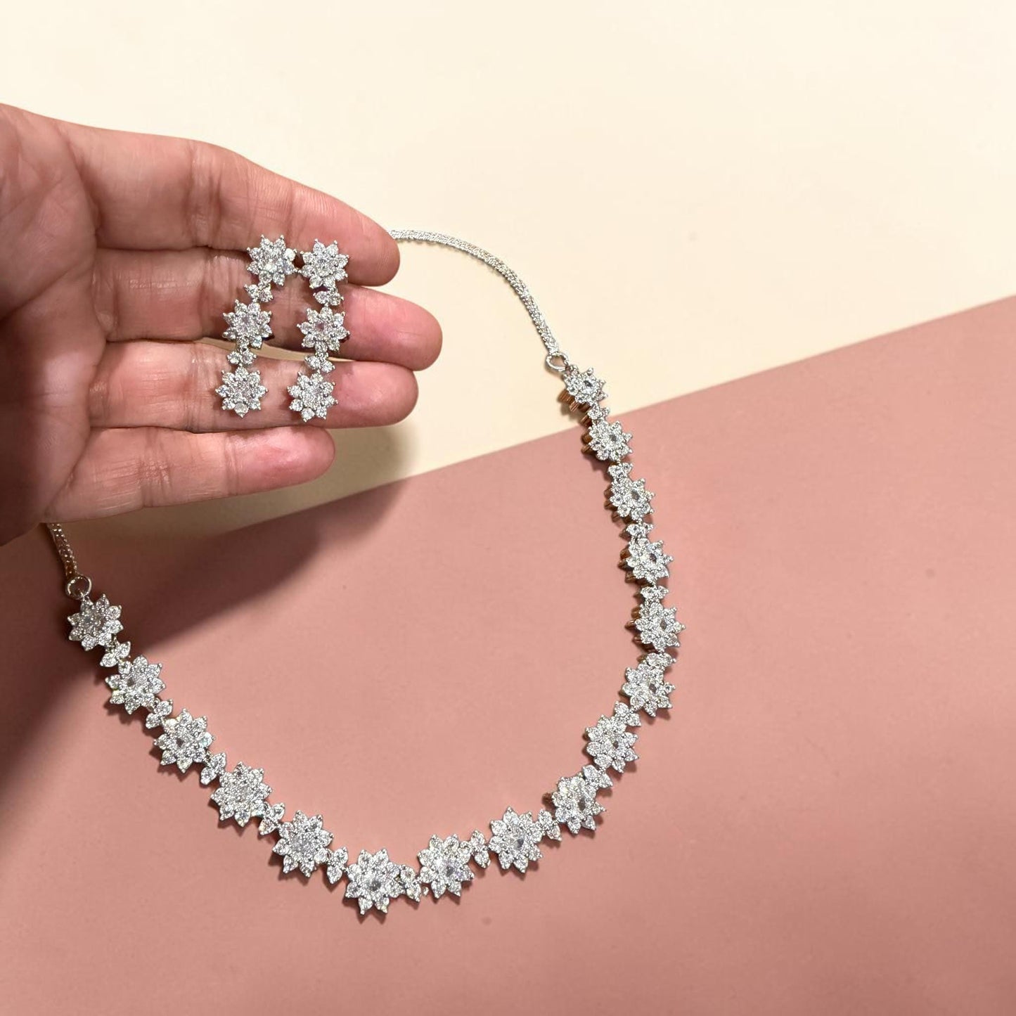 Luxury Flower Jewelry Set with Rhodium Finish and Cubic Zirconia Sparkle