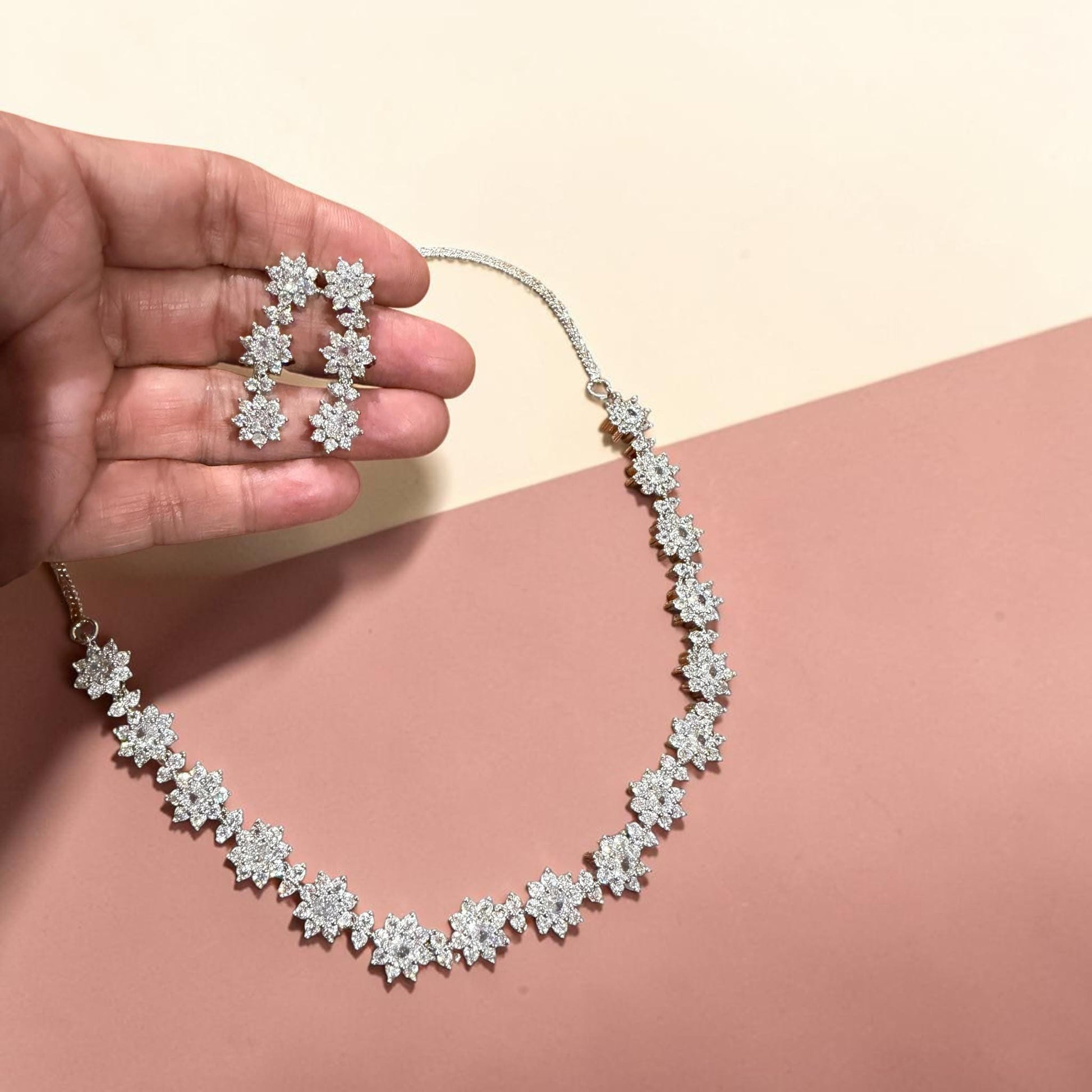 Luxury Flower Jewelry Set with Rhodium Finish and Cubic Zirconia Sparkle