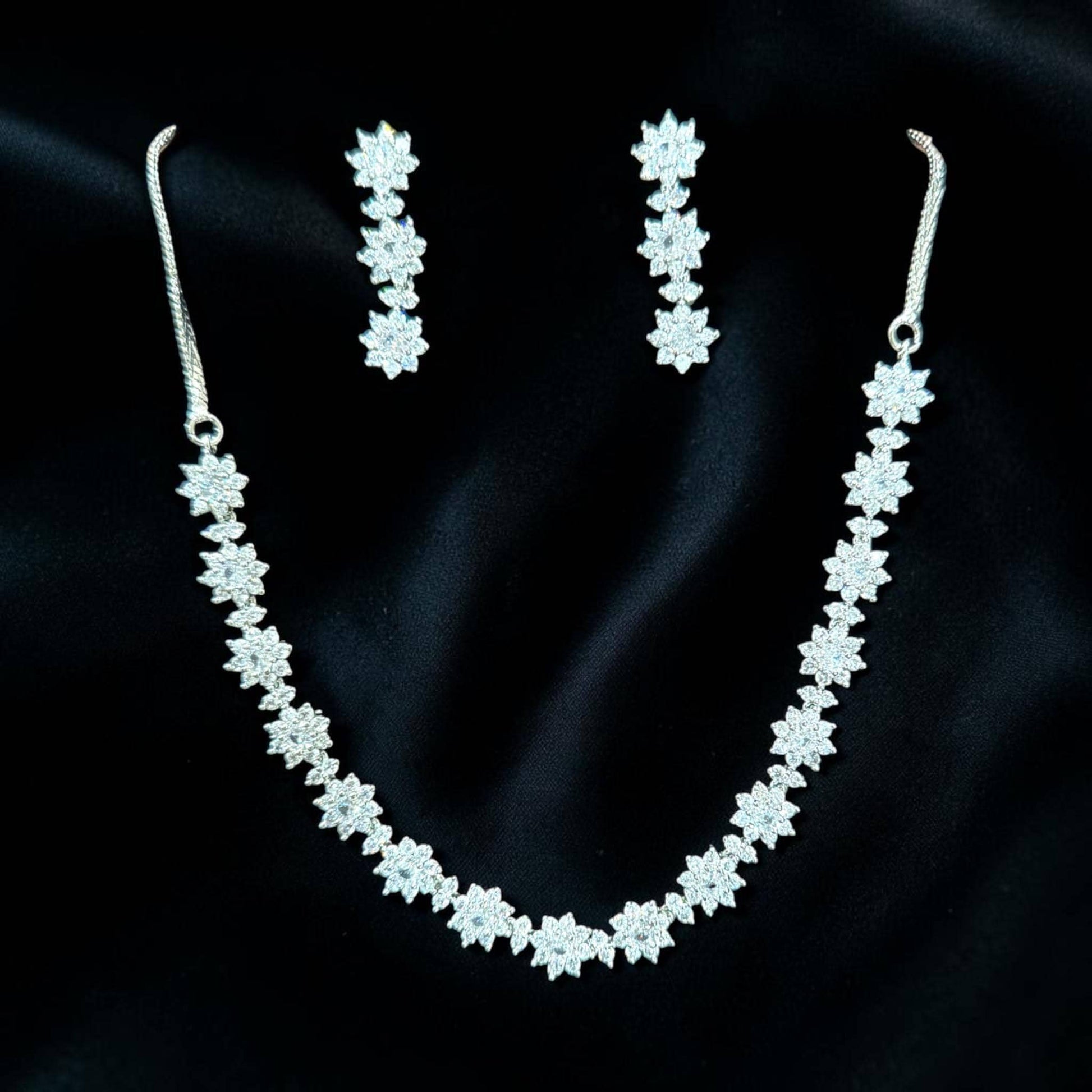 Luxury Flower Jewelry Set with Rhodium Finish and Cubic Zirconia Sparkle