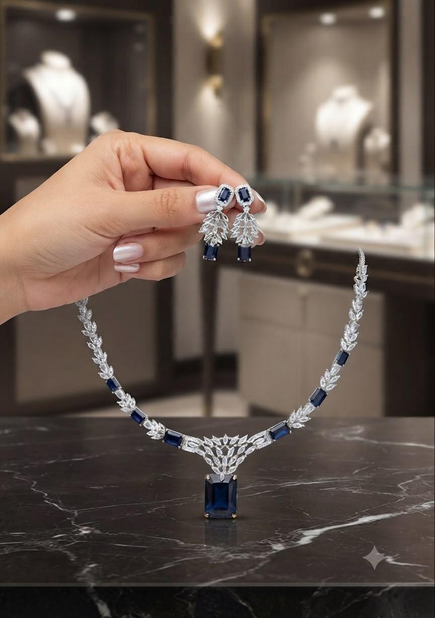Designer Pendant Necklace Set with Geometric Cubic Zirconia Details