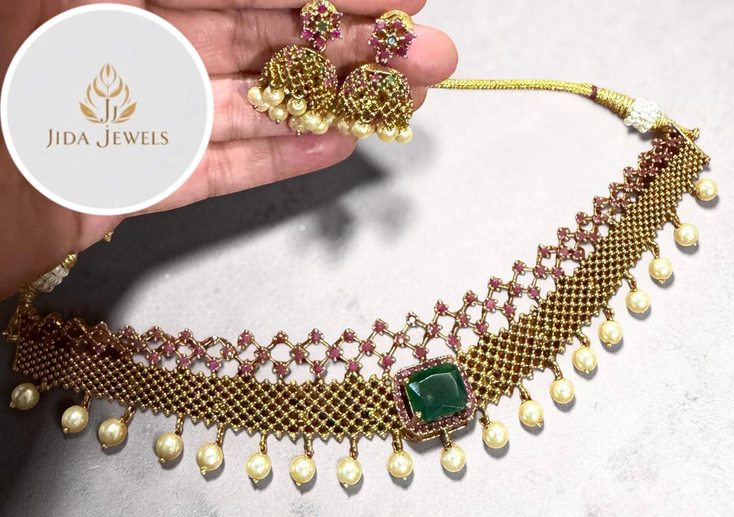 Statement Gold Plated Choker/Necklace Set with Emerald Stone and Matching Earrings