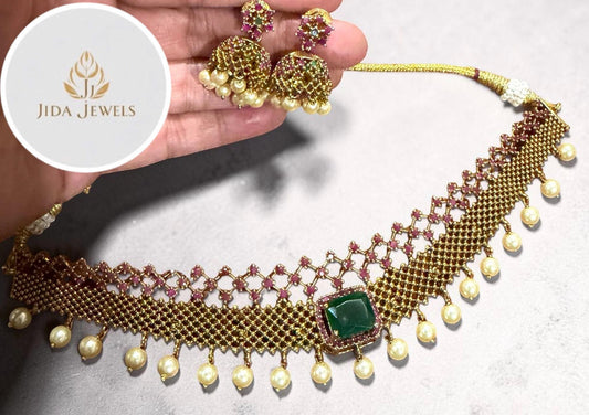 Statement Gold Plated Choker/Necklace Set with Emerald Stone and Matching Earrings