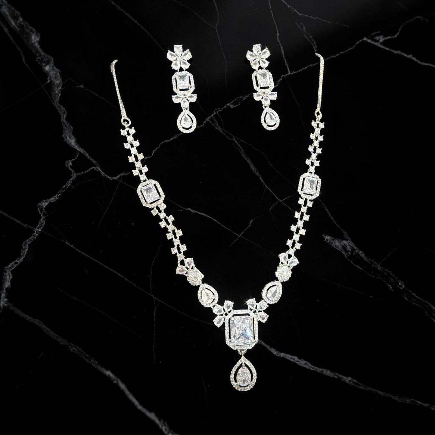 Art Deco Pendant Necklace Set with Rhodium Finish and Cubic Zirconia Drop Earrings