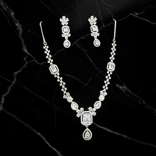 Art Deco Pendant Necklace Set with Rhodium Finish and Cubic Zirconia Drop Earrings