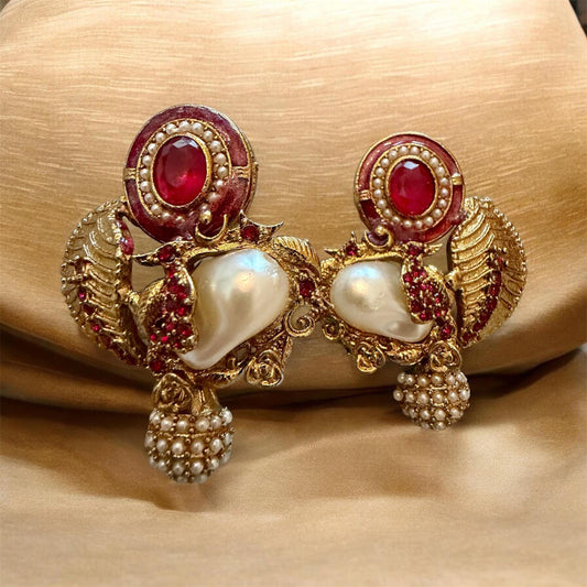 Luxury Gold-Toned Pearl & Black Stone fusion Earrings pakistani bollywood Style