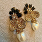 Luxury Gold-Toned Pearl & Black Stone fusion Earrings pakistani bollywood Style