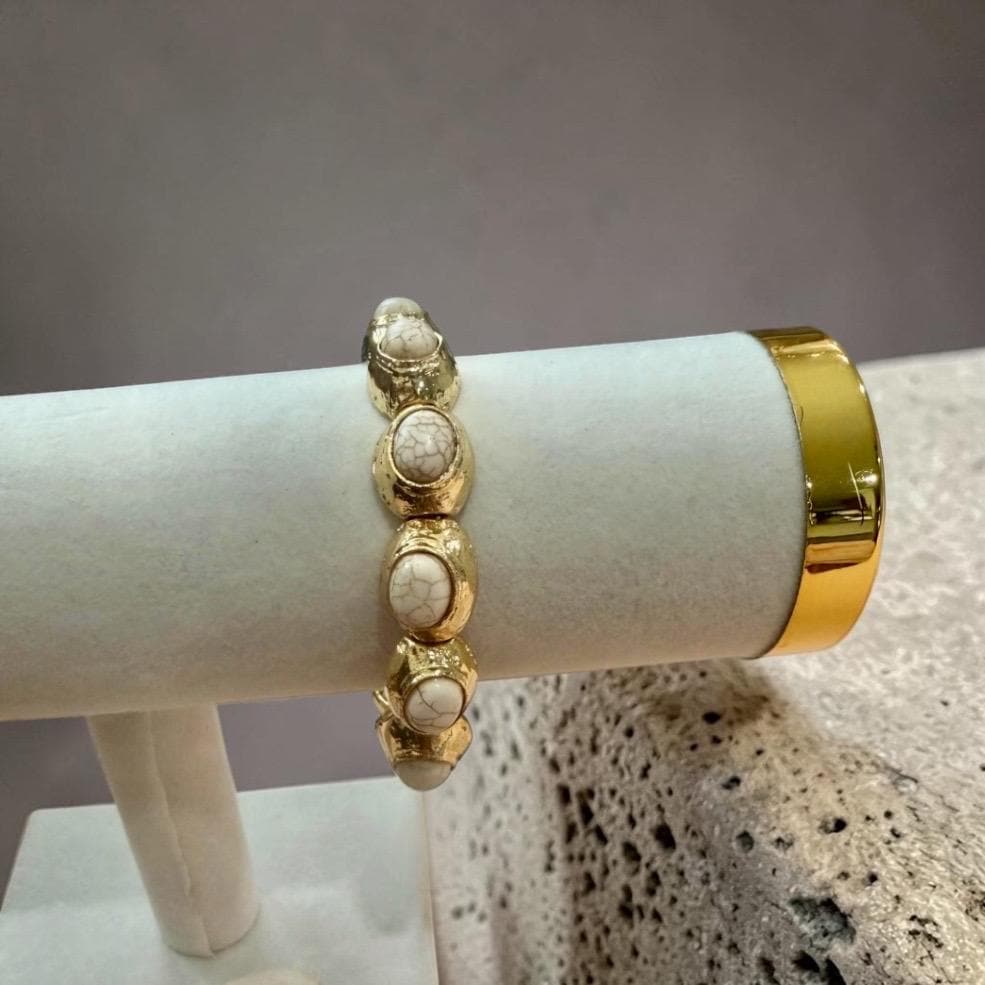Gold Plated White Stone Bangle Bracelet, Handmade Statement Cuff, Textured Open Bangle