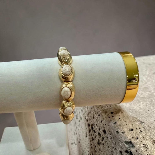 Gold Plated White Stone Bangle Bracelet, Handmade Statement Cuff, Textured Open Bangle
